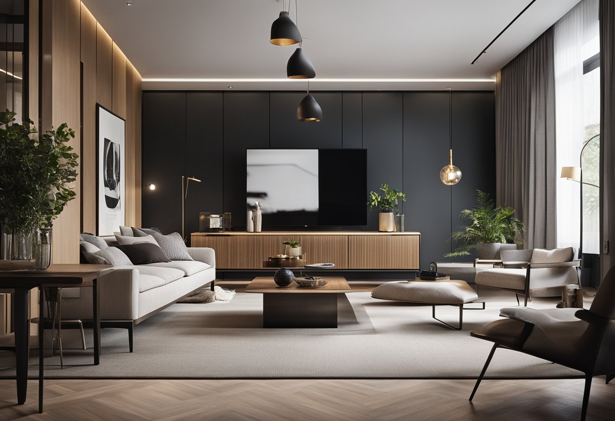 A modern living room with a sleek, open divider separating it from the dining area. Clean lines and innovative design
