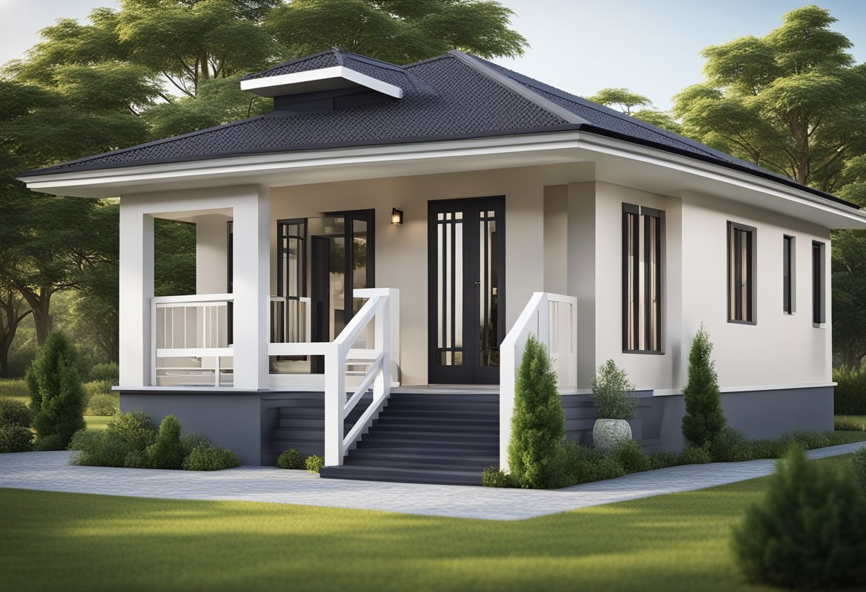 A simple bungalow house with 3 bedrooms, featuring clean lines, a sloped roof, and a front porch with wooden railing and columns