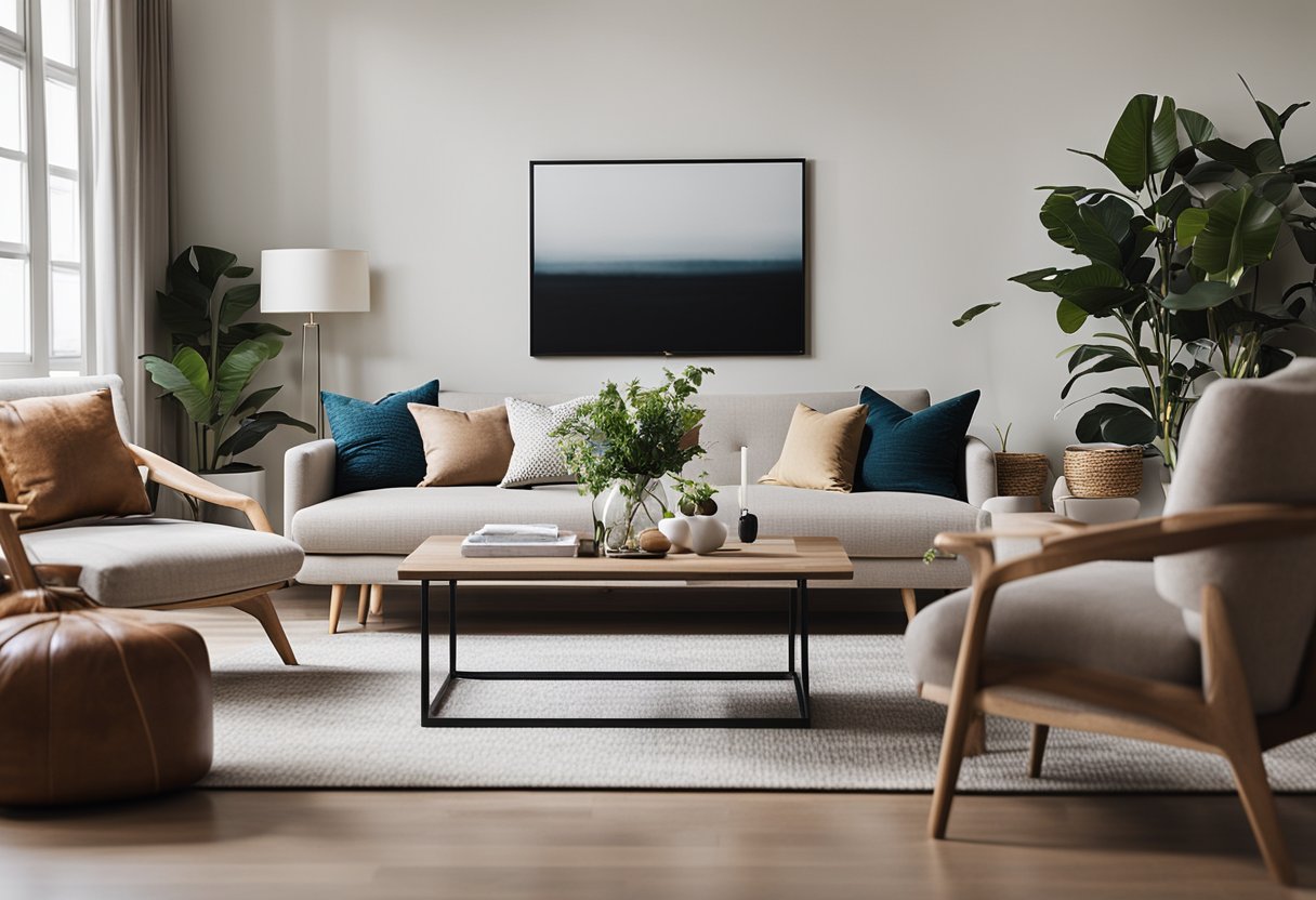 The living room features a neutral color palette with pops of vibrant accents. A mix of modern and vintage furniture creates a cozy and stylish atmosphere