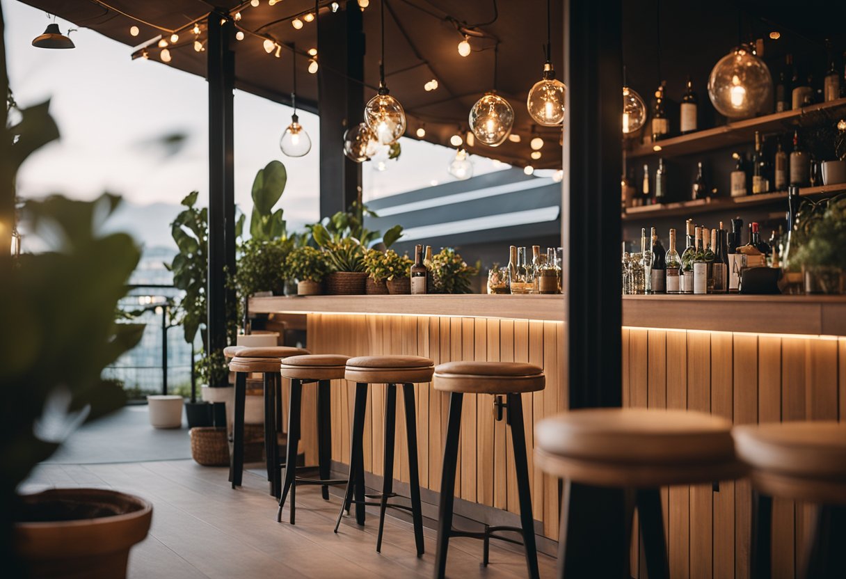 A small balcony with a sleek, wooden bar lined with potted plants and string lights. A couple of comfortable bar stools sit in front of the bar, inviting guests to relax and enjoy the view