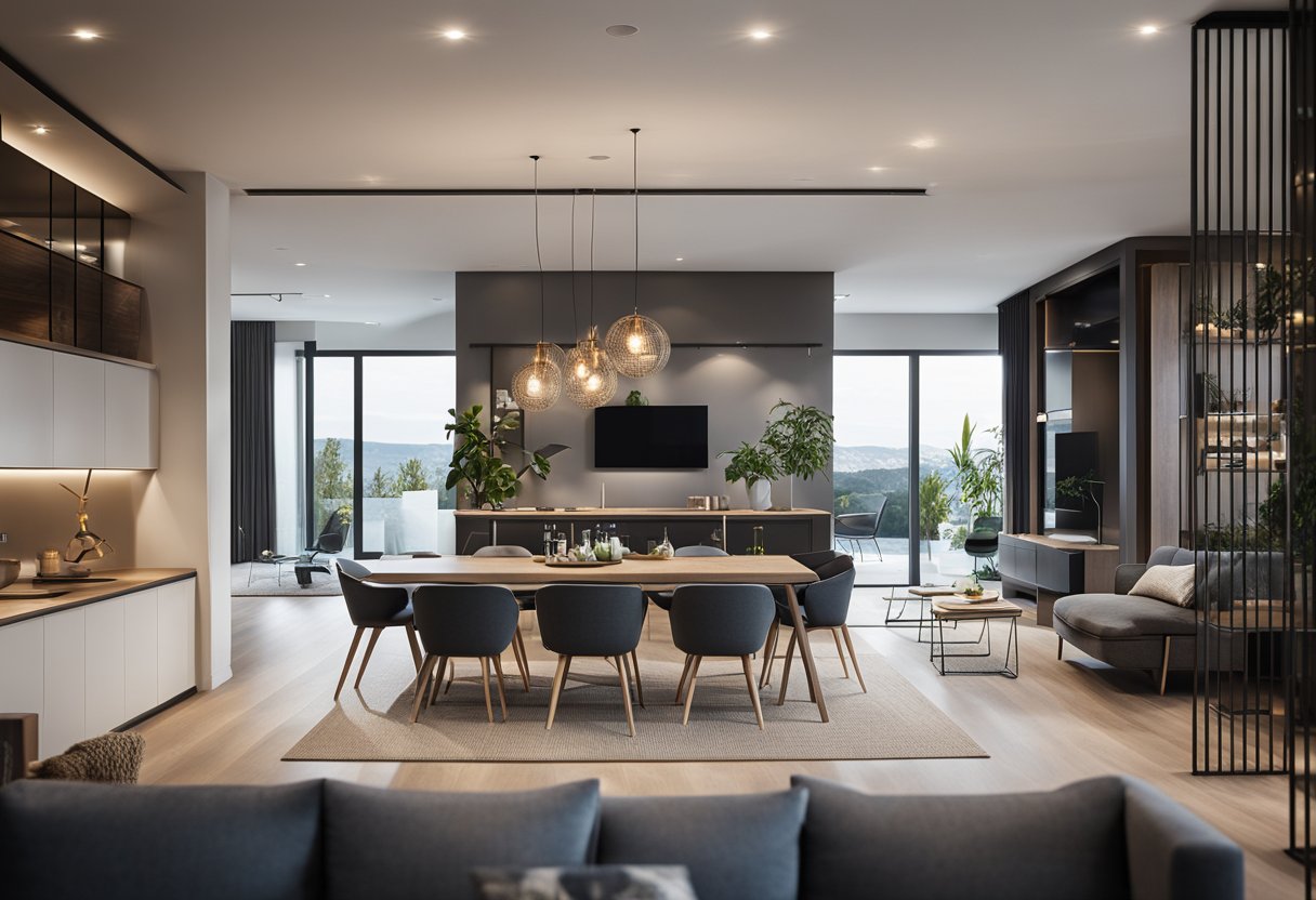 A modern, open-plan living and dining area with a sleek, functional divider seamlessly integrating the two spaces