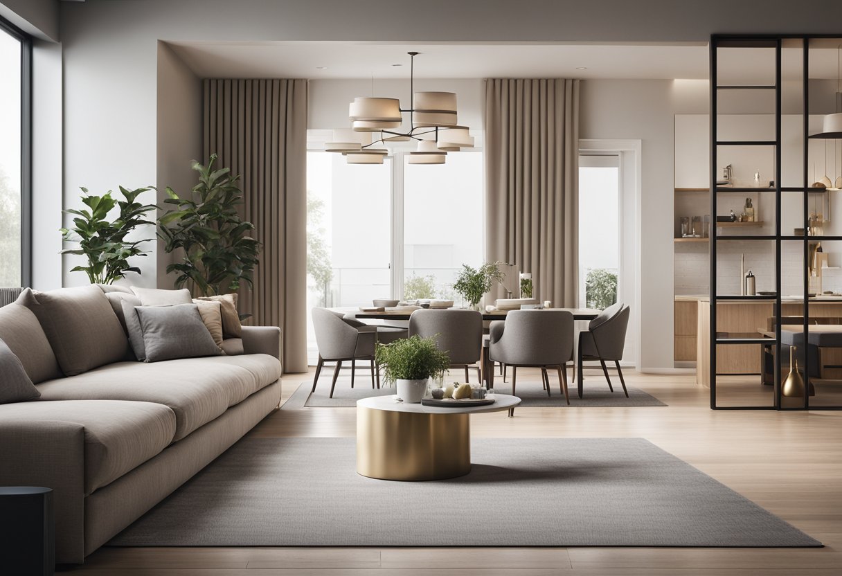A modern living room with a sleek, open-concept divider showcasing a stylish dining area. Clean lines, neutral colors, and natural light create a contemporary and inviting space