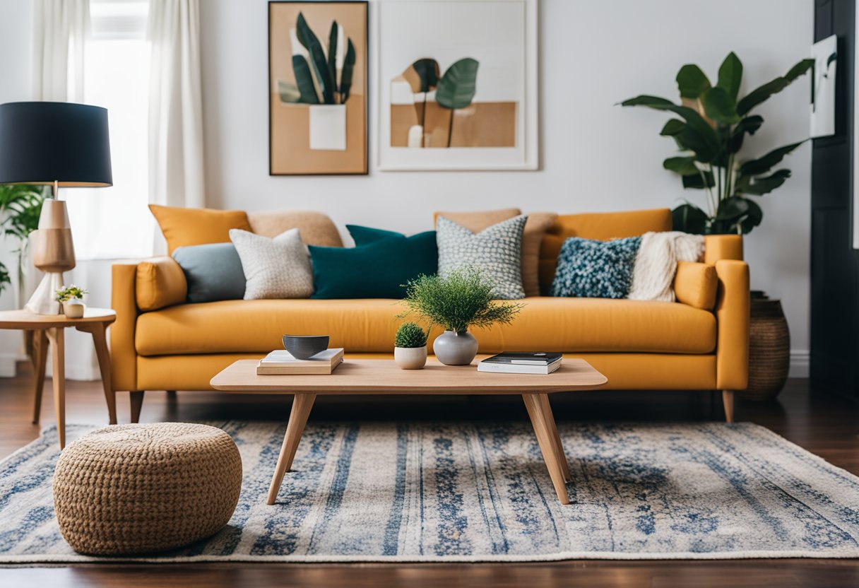 A cozy living room with budget-friendly decor: colorful throw pillows, a stylish area rug, DIY wall art, and repurposed furniture