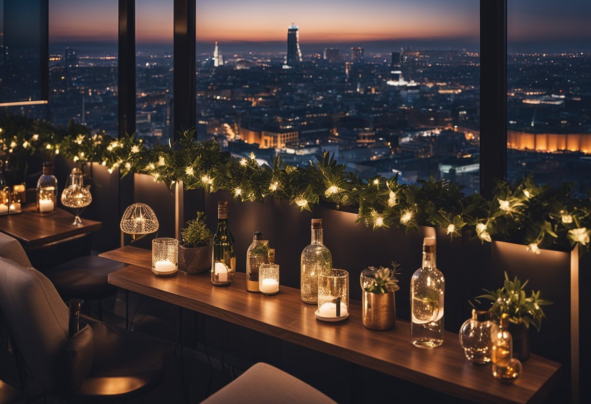 A bustling balcony bar with modern decor, string lights, and cozy seating areas, overlooking a vibrant cityscape