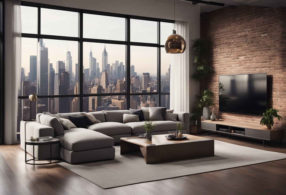 A sleek, minimalistic living room with exposed brick, metal accents, and large windows overlooking a city skyline