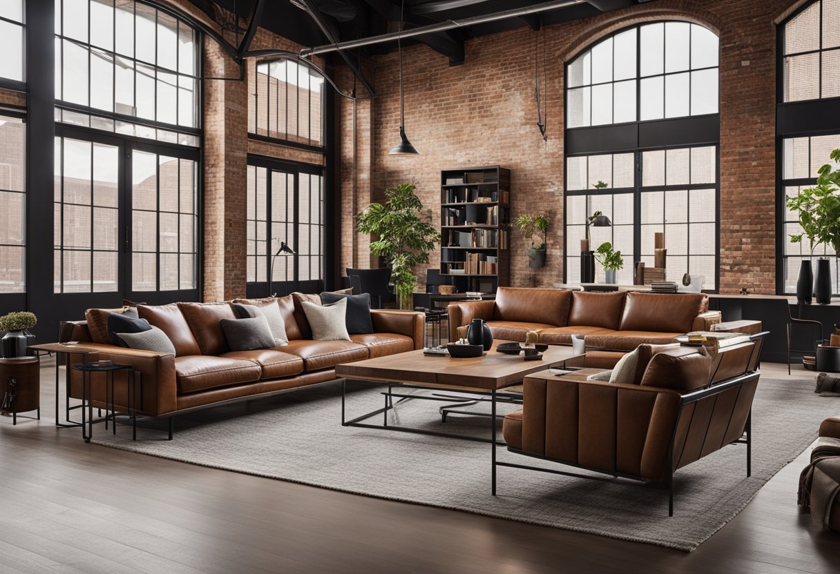 A spacious living room with exposed brick walls, metal beams, and large industrial windows. A mix of leather and metal furniture, with a minimalist color palette
