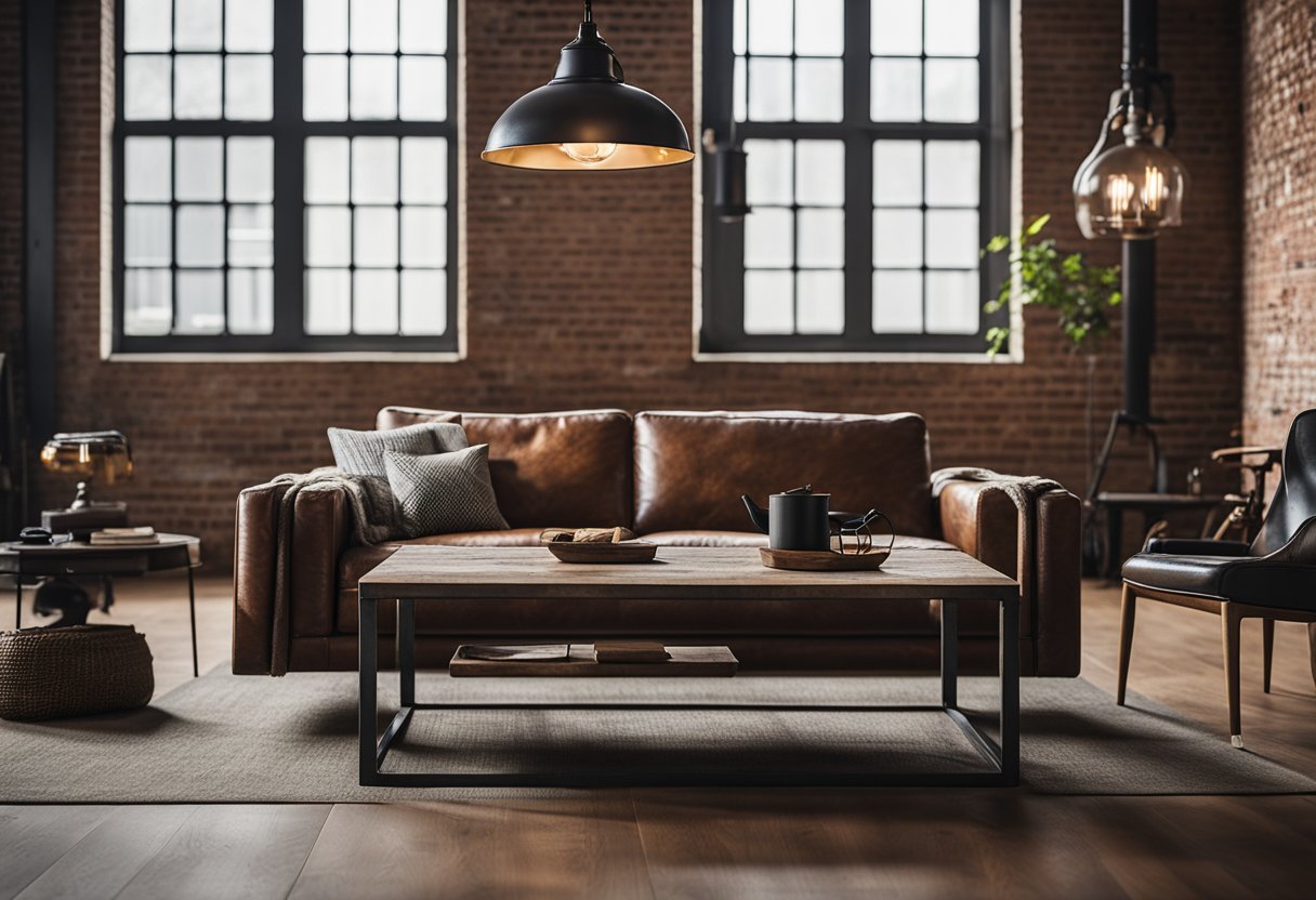An industrial living room with exposed brick walls, metal accents, and minimalist furniture. A large, distressed leather sofa sits in the center, with a reclaimed wood coffee table and vintage industrial lighting fixtures