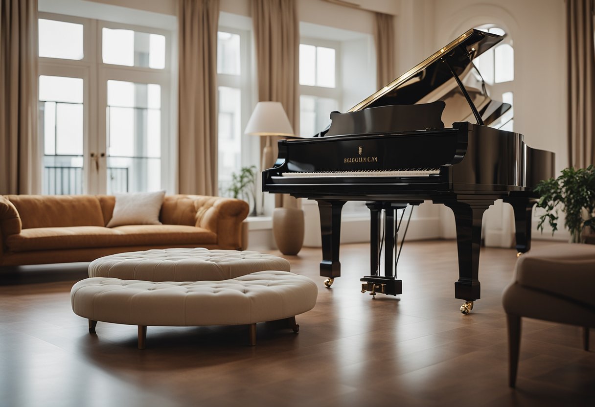 A grand piano sits in a spacious living room with elegant furniture, soft lighting, and a warm color scheme