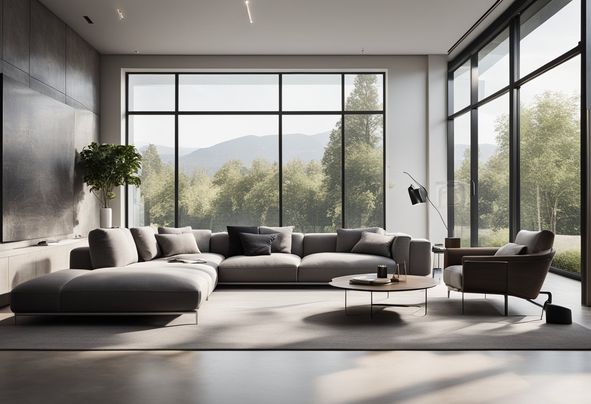 A sleek, minimalist living room with clean lines, industrial materials, and modern furnishings. A large, abstract art piece hangs on the wall, while a floor-to-ceiling window lets in natural light