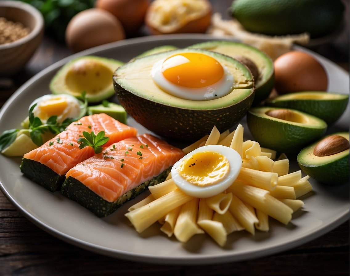 A ketogenic diet scene: A plate with low-carb, high-fat foods like avocado, eggs, and salmon. No bread, pasta, or sugary items in sight