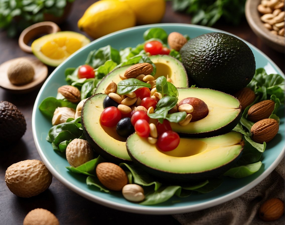 A colorful plate of low-carb, high-fat foods, including avocados, nuts, and leafy greens, with a caption "Benefits of the Ketogenic Diet" in Italian
