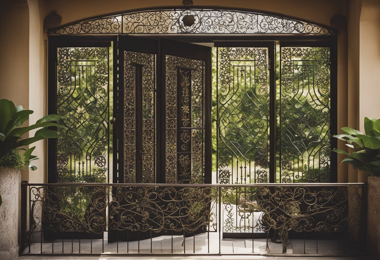 A balcony door grill with intricate geometric patterns and floral motifs, made of wrought iron, framed by potted plants and hanging vines