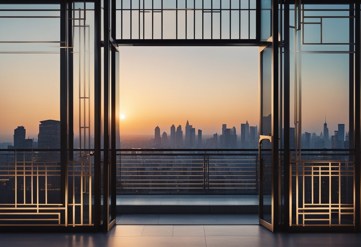 A modern balcony door grill design with sleek lines and geometric patterns, set against a backdrop of a city skyline at dusk