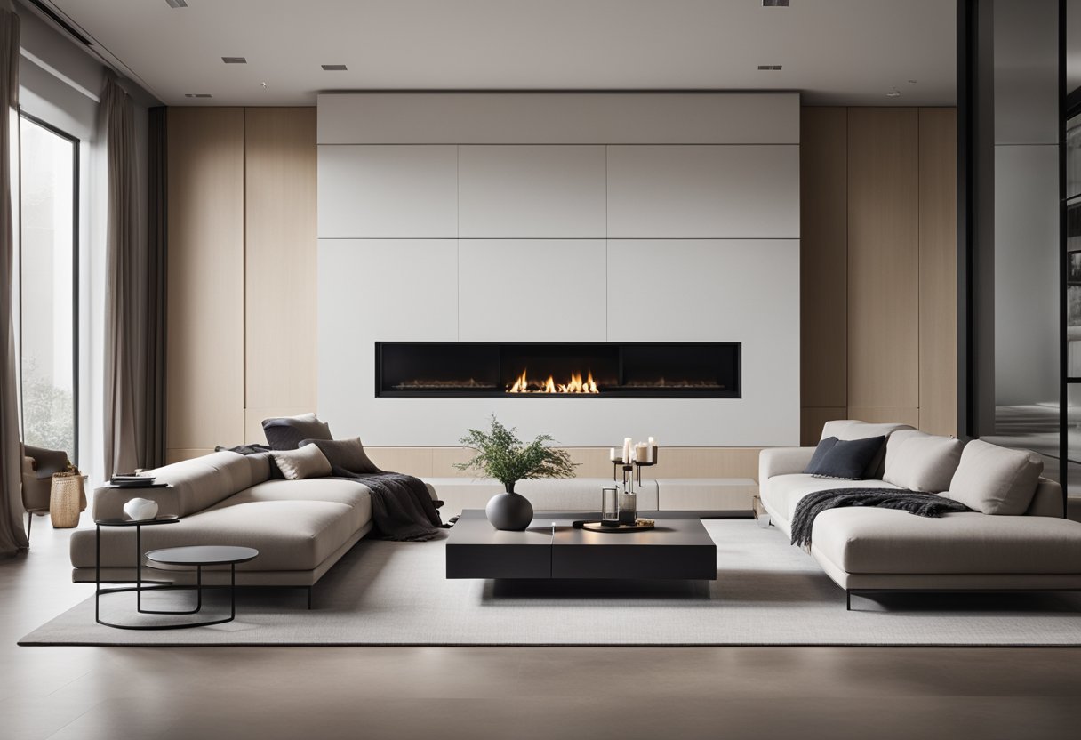 A sleek, minimalist living room with clean lines, neutral colors, and a mix of textures. A large, comfortable sofa sits opposite a sleek, modern fireplace, with a statement piece of art on the wall
