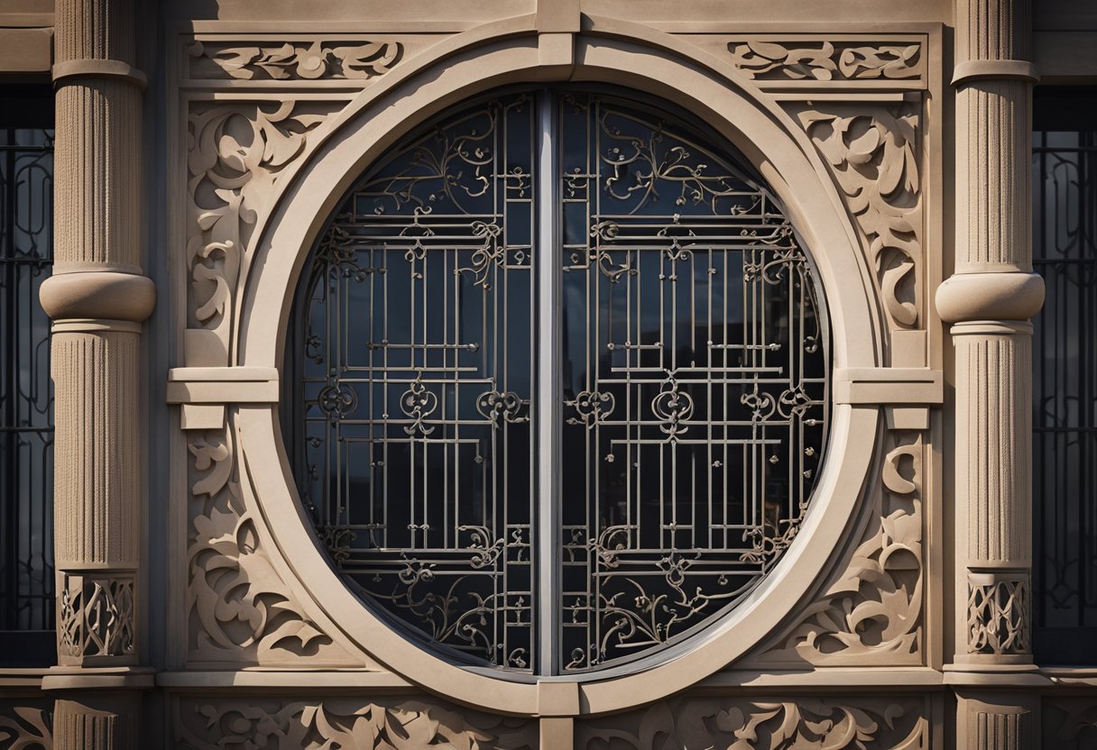A balcony door with a decorative grill design, featuring intricate patterns and geometric shapes. The grill is made of sturdy metal and adds a touch of elegance to the exterior of the building