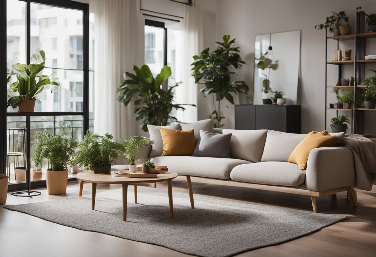 A cozy living room with a spacious balcony, featuring comfortable seating, potted plants, and a stylish rug. The balcony doors are open, allowing natural light to flood the room