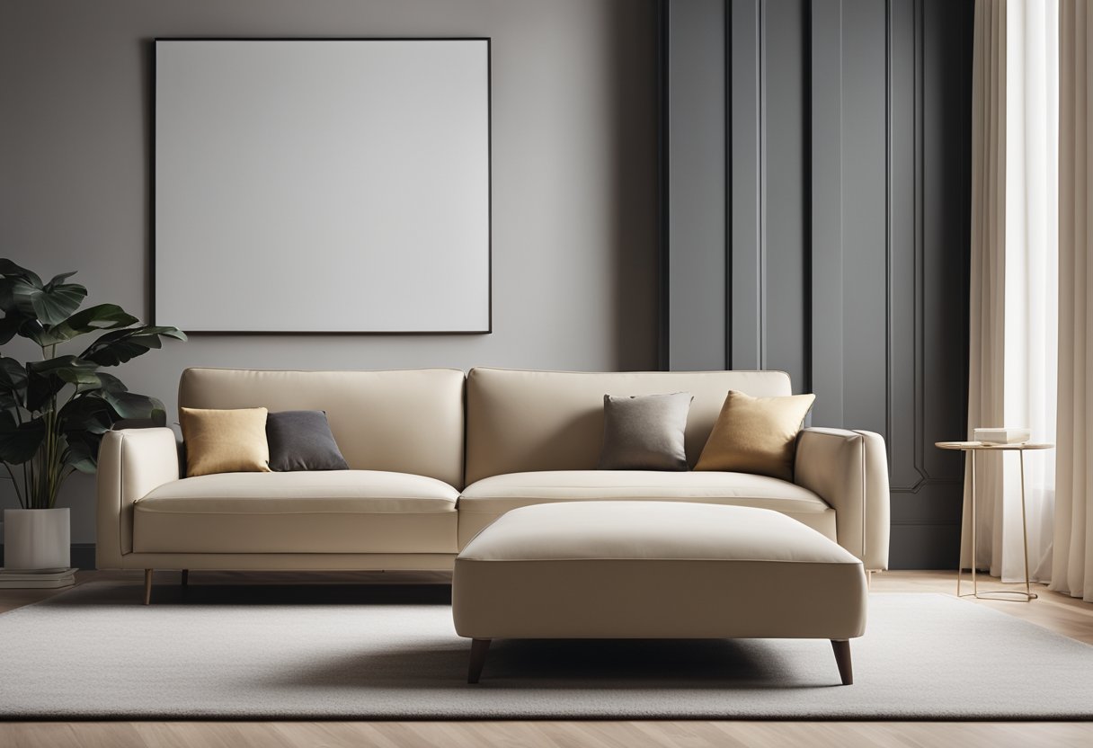 A sleek, minimalist sofa sits against a backdrop of clean lines and neutral colors. A statement piece of artwork hangs on the wall, while a geometric rug anchors the space