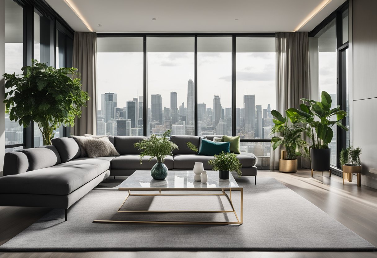A modern living room with a sleek grey sofa, marble coffee table, and floor-to-ceiling windows overlooking a city skyline. A neutral color palette with pops of green plants and metallic accents