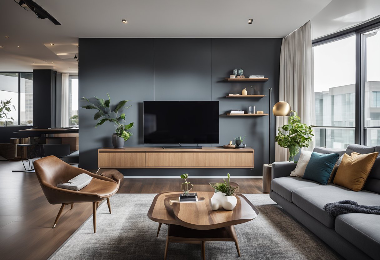 The condo living room is arranged with sleek, multi-functional furniture to maximize space. A wall-mounted TV, floating shelves, and a compact sofa create a modern and efficient design