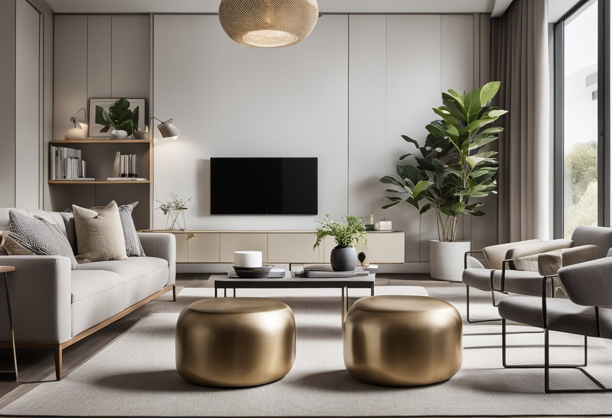 A sleek, open-concept living room with clean lines, neutral colors, and pops of bold accents. A mix of textures and materials create a modern, inviting space