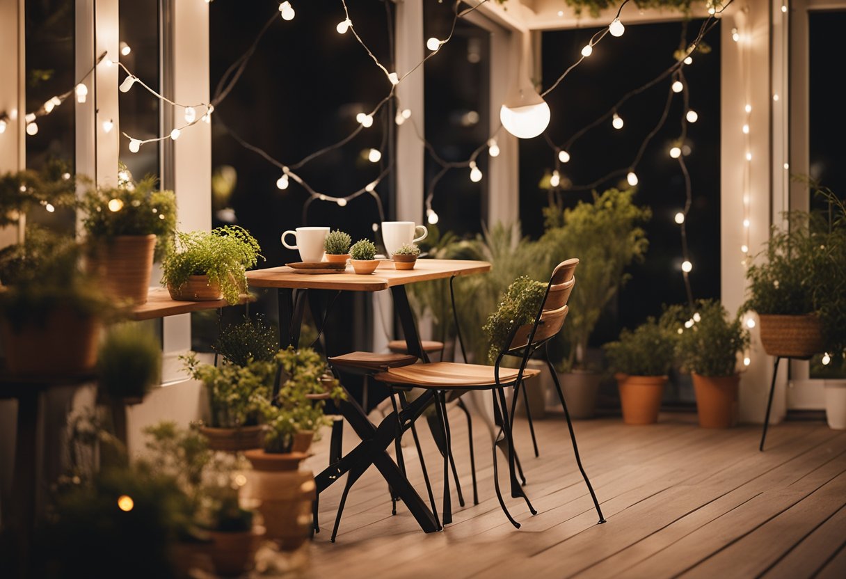 A cozy balcony with a small coffee table, potted plants, and comfortable seating. A string of fairy lights hangs overhead, creating a warm and inviting atmosphere