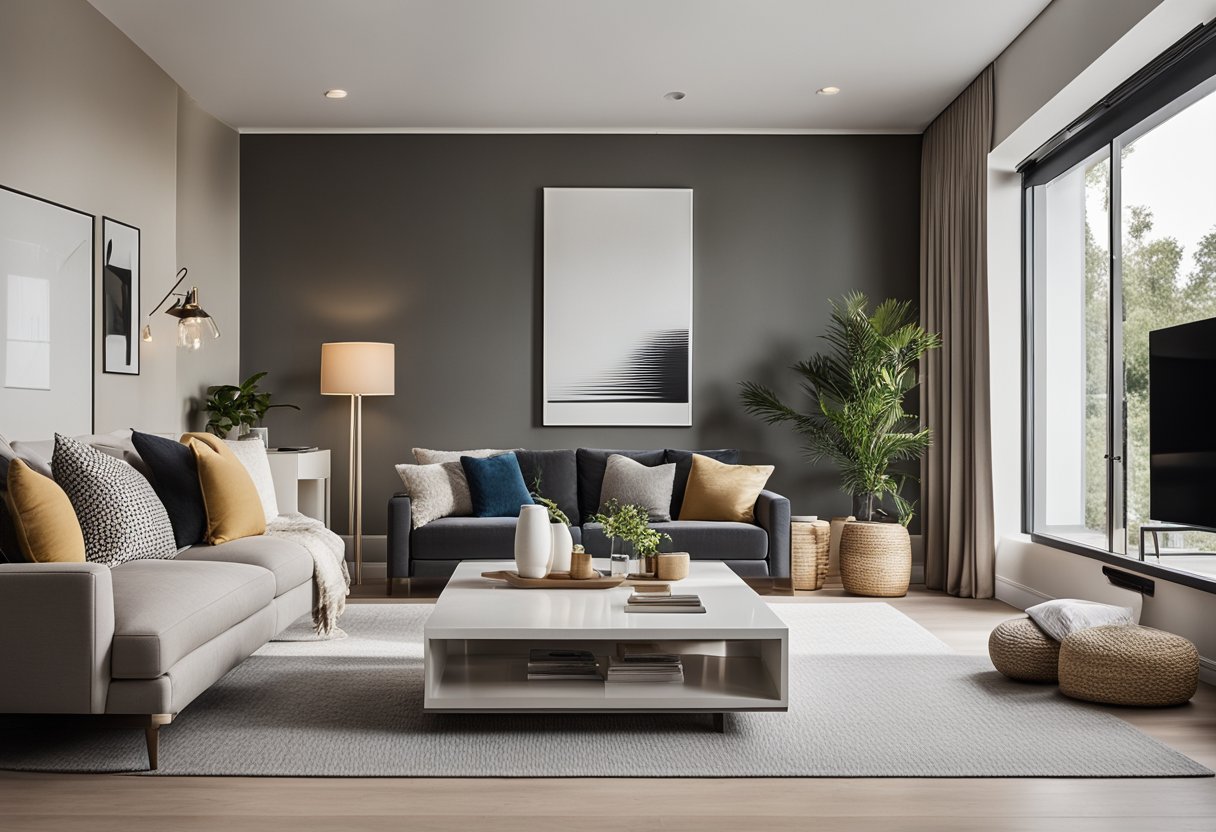 A modern living room with a sleek, minimalist design. Neutral color palette with pops of bold accents. Clean lines, open space, and natural light