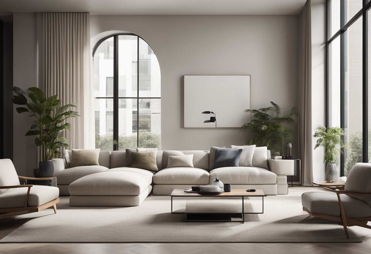 A modern living room with clean lines, minimalistic furniture, and a neutral color palette. A large, statement piece of artwork hangs on the wall, and natural light floods the room from floor-to-ceiling windows