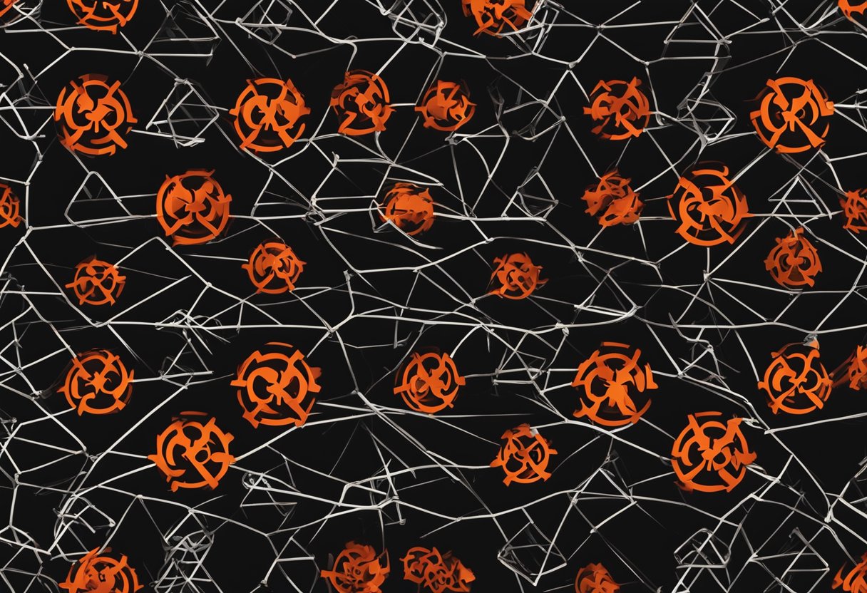 Red and orange biohazard symbols on a black background, with jagged lines representing the transmission and risk factors of Ebola virus disease