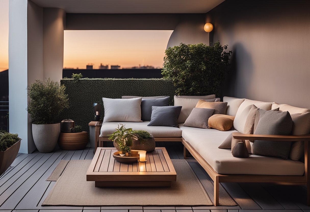 A cozy balcony living room with a sleek privacy screen, plush seating, and soft lighting for maximum comfort and relaxation