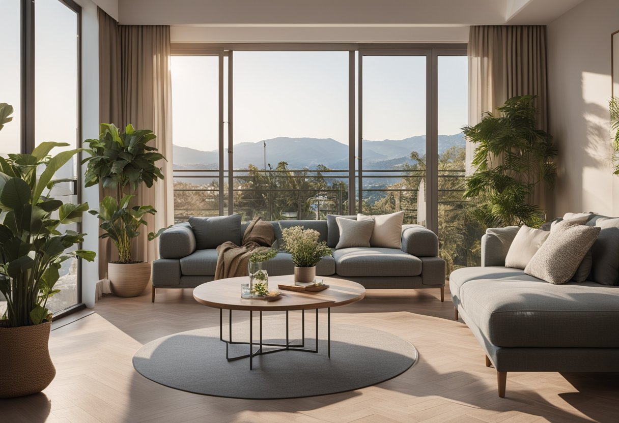 A cozy living room with a spacious balcony, featuring stylish furniture, plants, and a stunning view