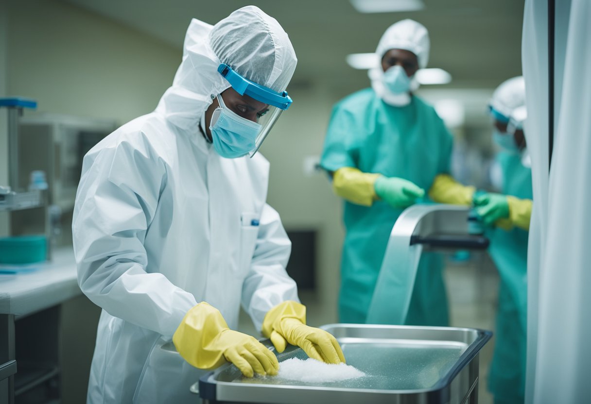 Medical workers in protective gear disinfecting surfaces and equipment in a hospital to prevent and control Ebola virus disease