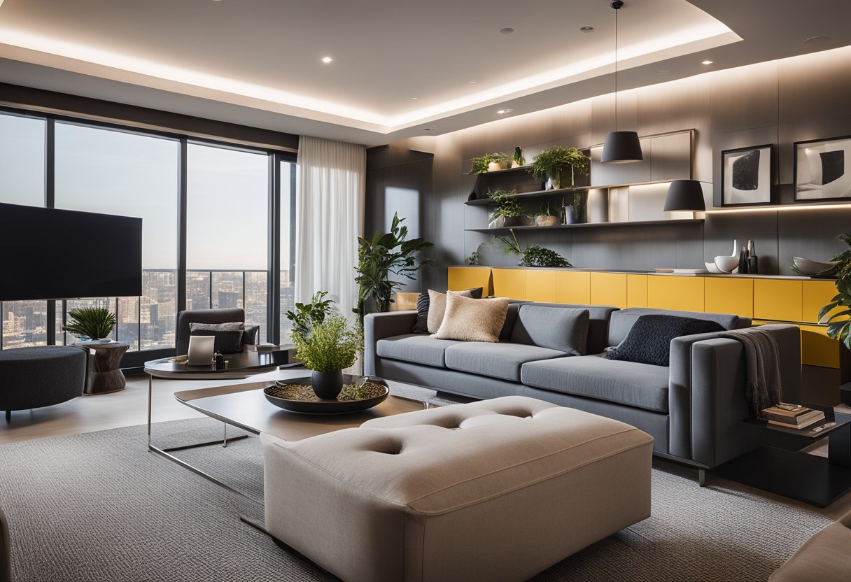A cozy condo living room with modern furniture, natural light, and a pop of color. A sleek entertainment center and a comfortable seating area invite relaxation