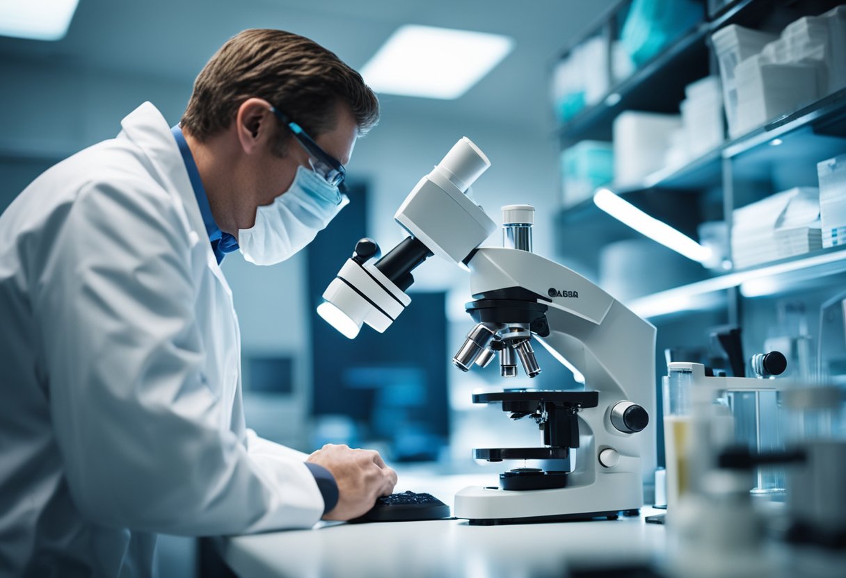 A medical researcher studies Ebola virus under a microscope in a lab setting