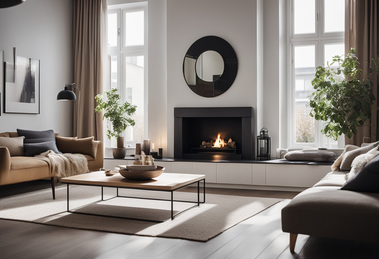 A cozy Nordic living room with minimalistic furniture, a large fireplace, and plenty of natural light streaming in through large windows