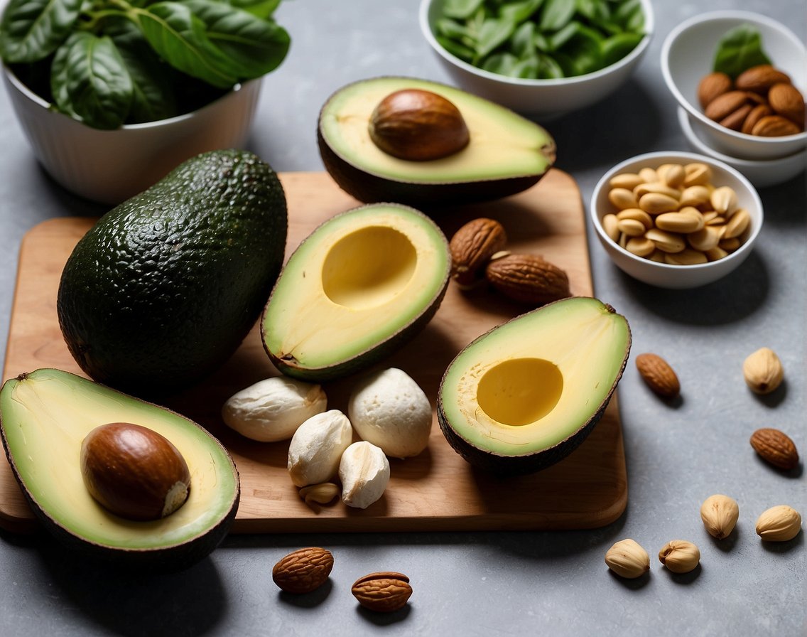 An inviting table displays a variety of keto-friendly foods, including avocados, nuts, and leafy greens. A cookbook titled "Introduzione alla dieta chetogenica benefici dieta chetogenica" sits open nearby