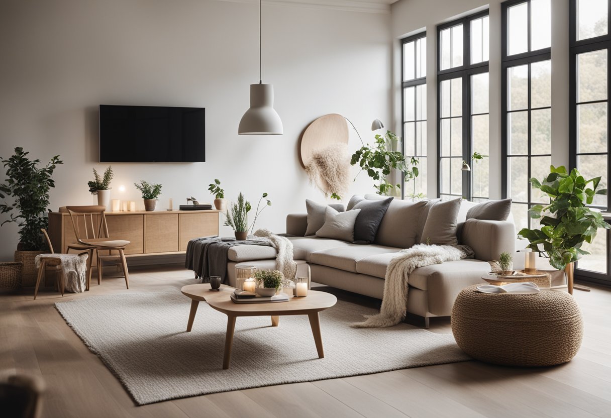 A cozy Nordic living room with minimalist furniture, natural materials, soft neutral colors, and plenty of natural light streaming in through large windows