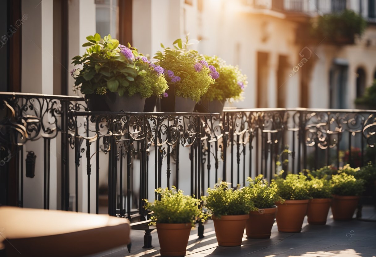 A charming balcony adorned with intricate wrought iron railings and overflowing with vibrant potted plants. The sun casts a warm glow on the cozy seating area, creating a serene and inviting atmosphere