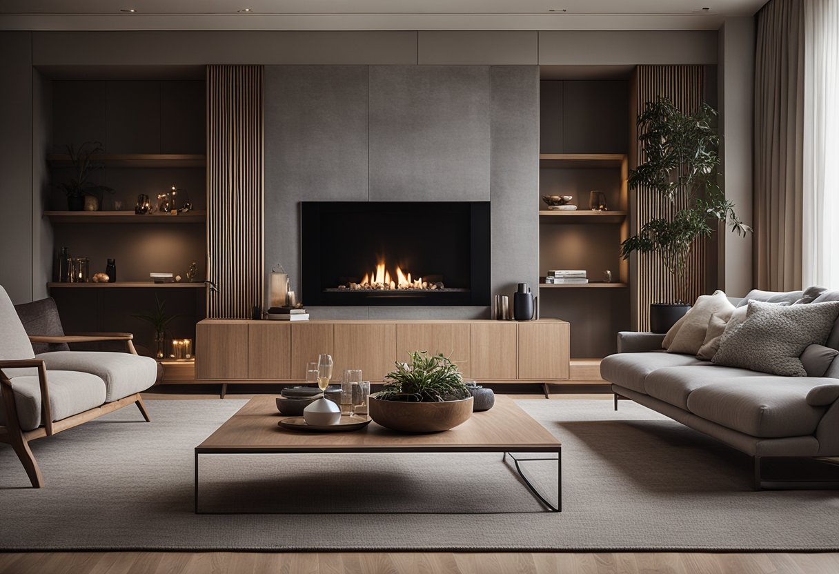 A cozy living room with minimalist furniture, neutral colors, and natural materials. A large, plush sofa sits in front of a sleek, modern fireplace. A soft, textured rug covers the wooden floor, and a few simple, elegant decorations adorn the room