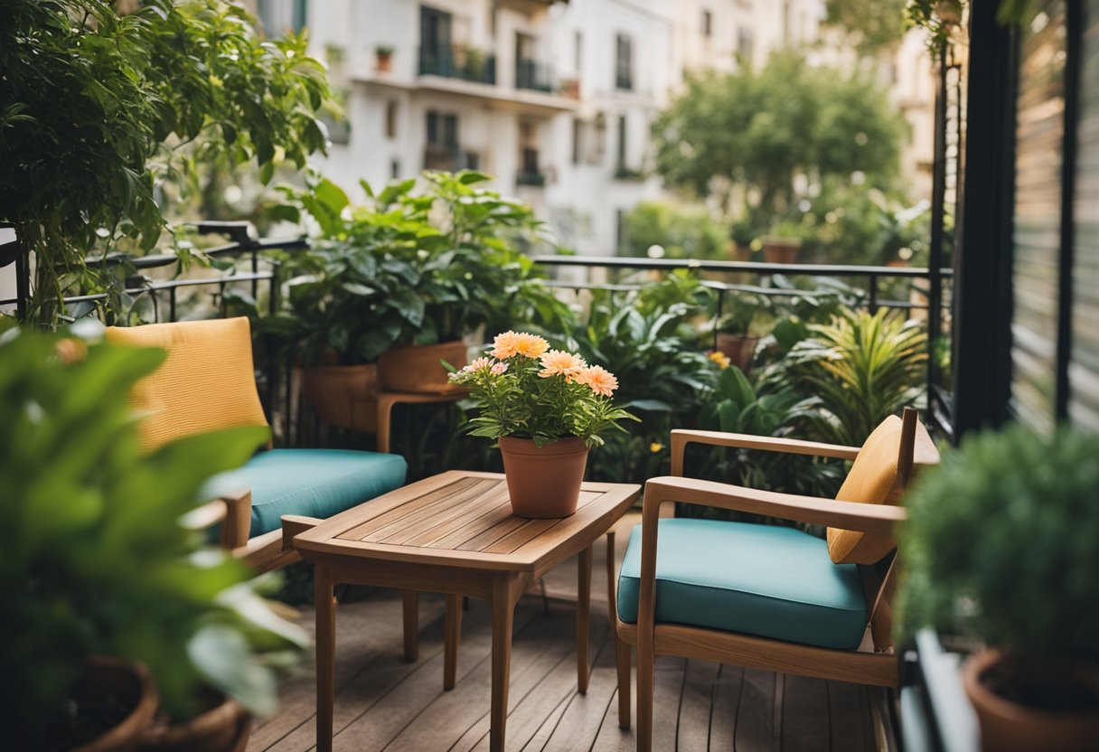 A cozy balcony with potted plants, comfortable seating, and a small table set against a backdrop of lush greenery and colorful flowers