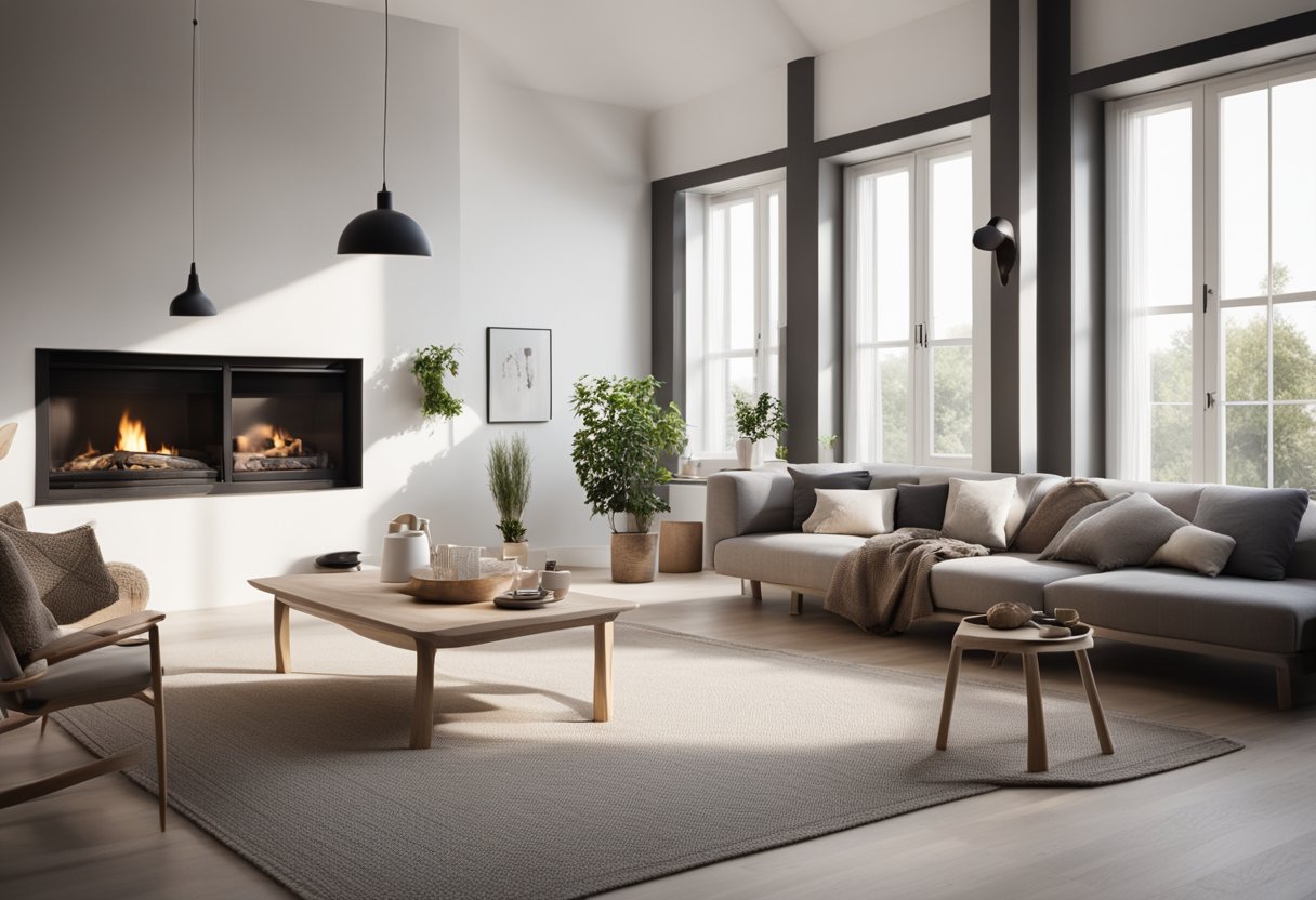 A cozy Nordic living room with minimalist furniture, neutral colors, and natural materials. A large window lets in plenty of natural light, and a fireplace adds warmth to the space