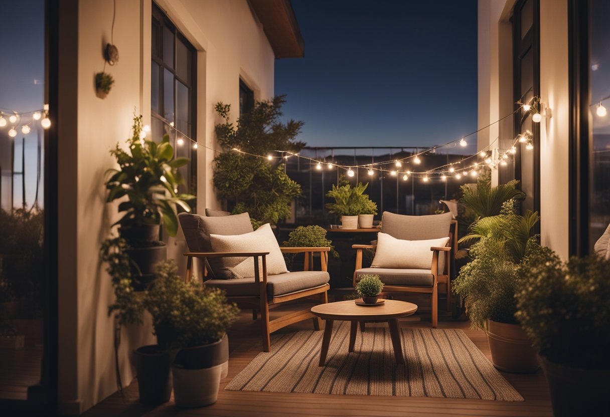 A cozy balcony adorned with potted plants, comfortable seating, and twinkling string lights, creating a serene and inviting space for personal relaxation and enjoyment