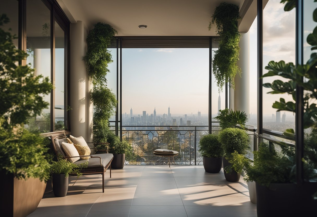A picturesque balcony with lush greenery, elegant furniture, and a stunning view of the city skyline