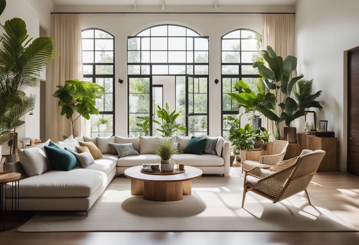 A spacious living room with high ceilings, large windows, and natural light. The decor includes comfortable yet stylish furniture, tropical greenery, and a neutral color palette with pops of vibrant accents