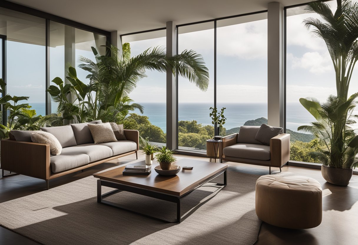A spacious living room with modern furniture, tropical plants, and large windows overlooking a scenic ocean view