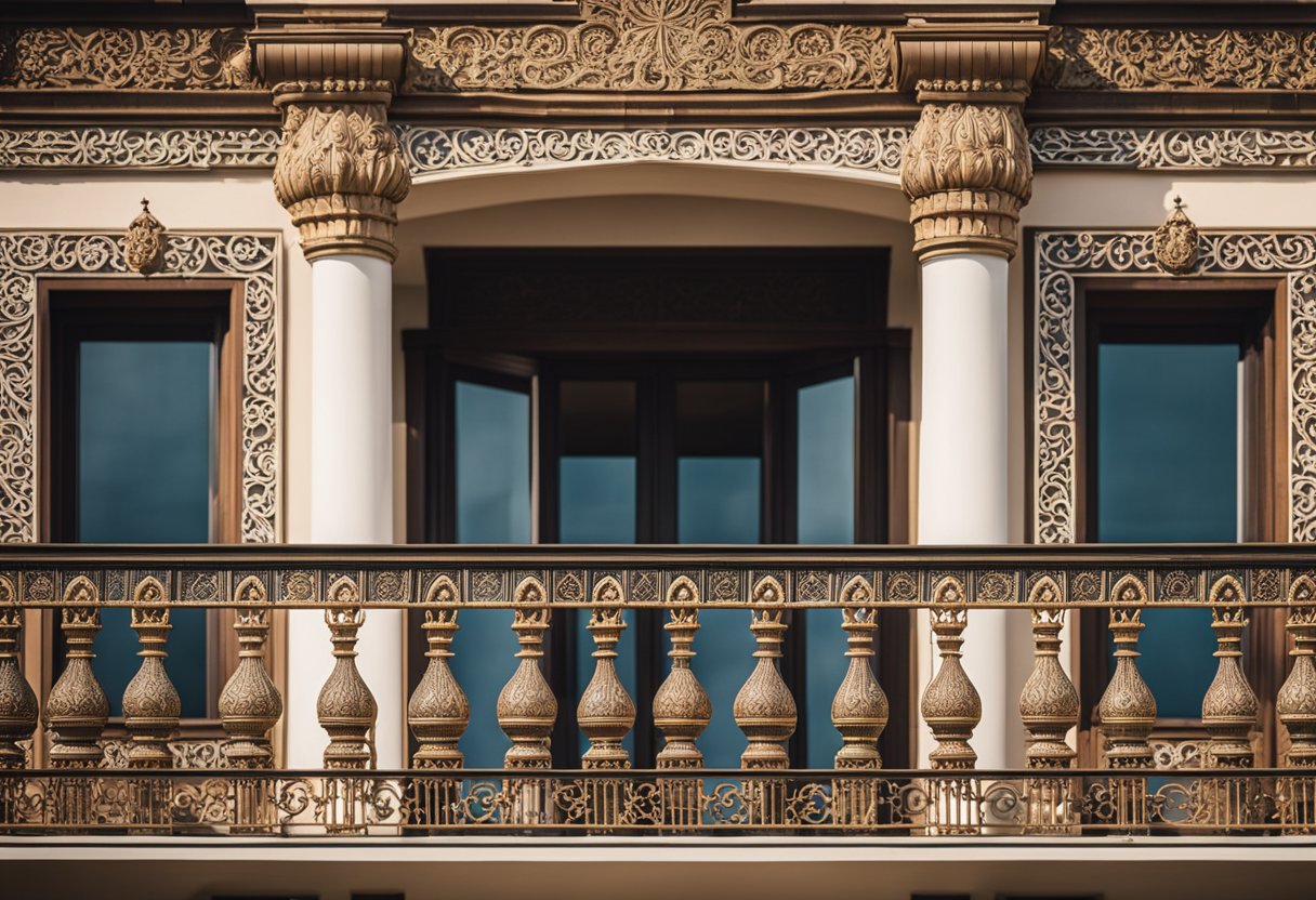 The balcony grill designs feature intricate patterns and ornate details, covering the entire length of the balcony with a symmetrical and decorative aesthetic