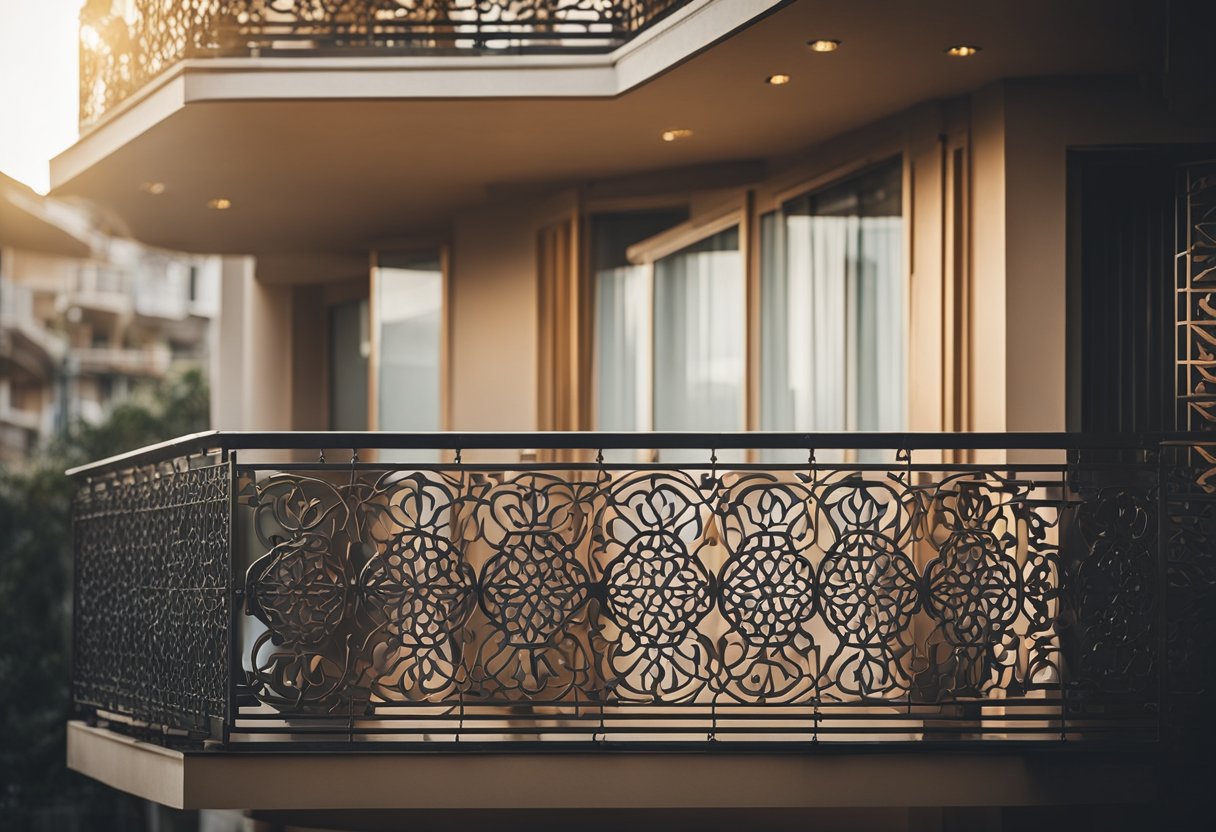 A fully covered balcony with intricate grill designs, featuring geometric patterns and floral motifs, creating a sense of privacy and security