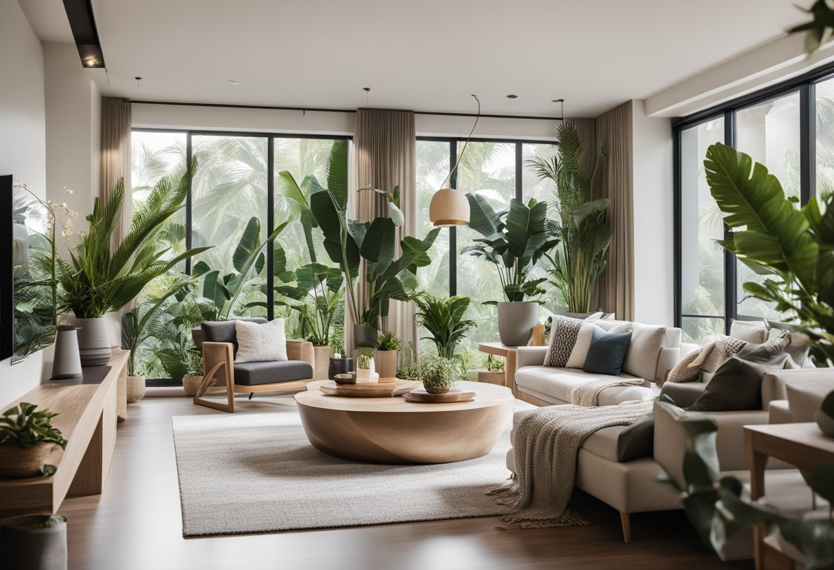 A spacious living room with modern furniture, large windows, and a cozy fireplace. The room is decorated with tropical plants and features a neutral color palette with pops of vibrant accents