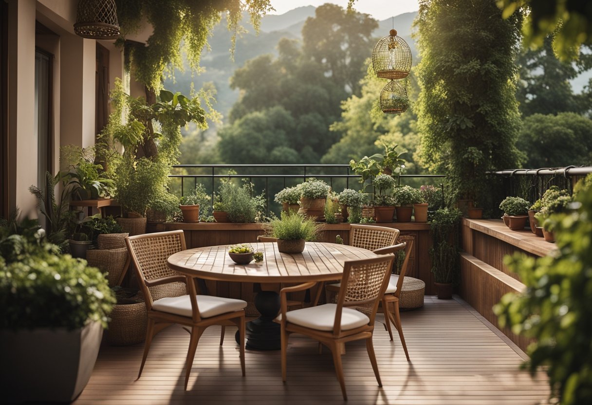 A wooden balcony with intricate lattice work, potted plants, and cozy seating area overlooking a lush garden