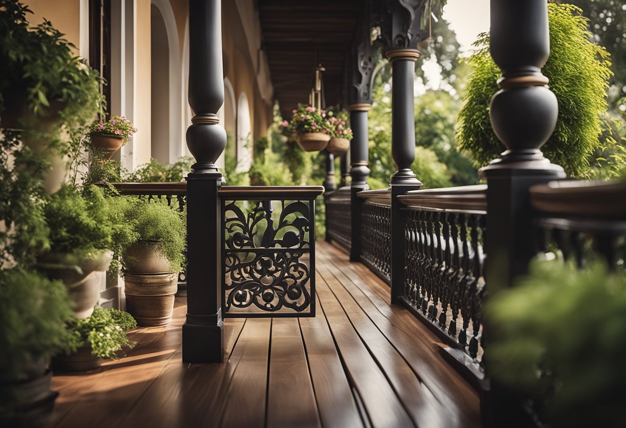 A wooden balcony with intricate railings overlooks a lush garden. The design includes carved details and hanging planters
