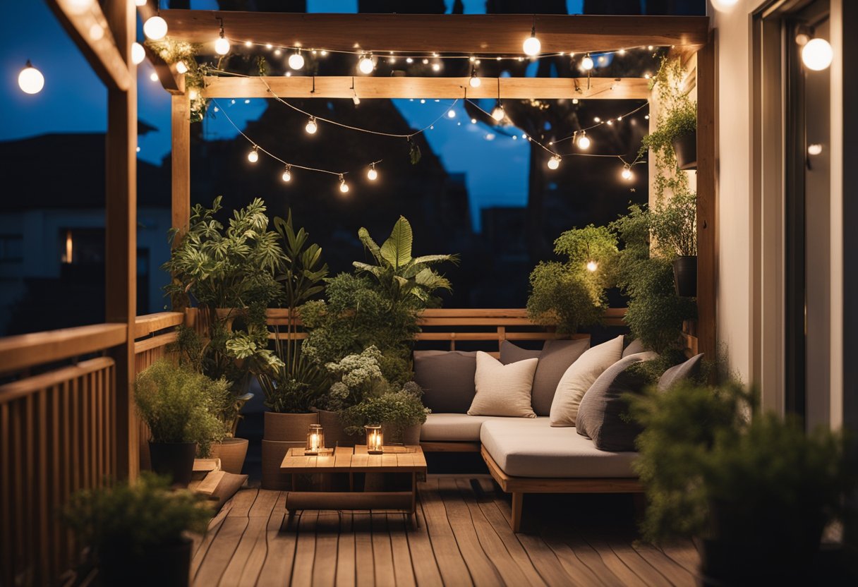 A cozy wooden balcony with potted plants, string lights, and comfortable seating, creating a relaxing and inviting outdoor space